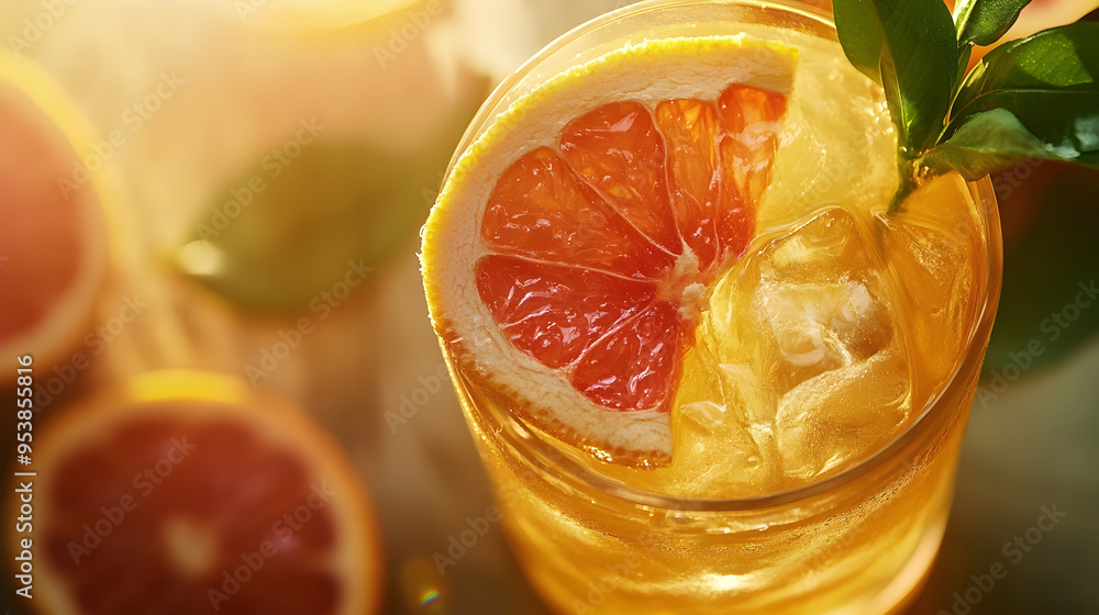 Poster refreshing grapefruit beverage in sunlight from the above. generative ai image