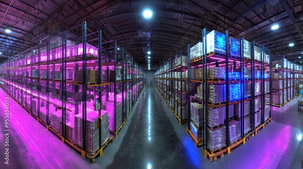 Poster two rows of pallets with shrink-wrapped boxes illuminated in pink and blue light