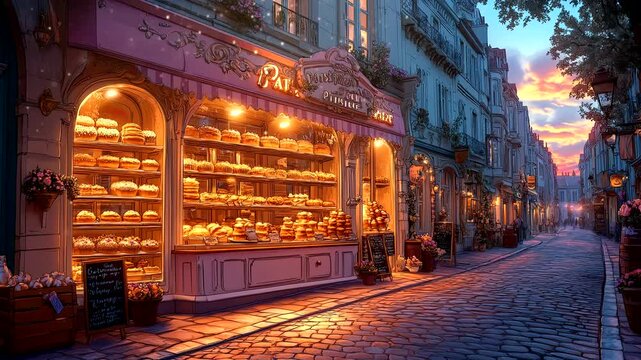 Charming bakery with warm glowing lights, showcasing freshly baked goods in a quaint cobblestone street. Evening urban concept. Seamless looping 4k time-lapse video background
