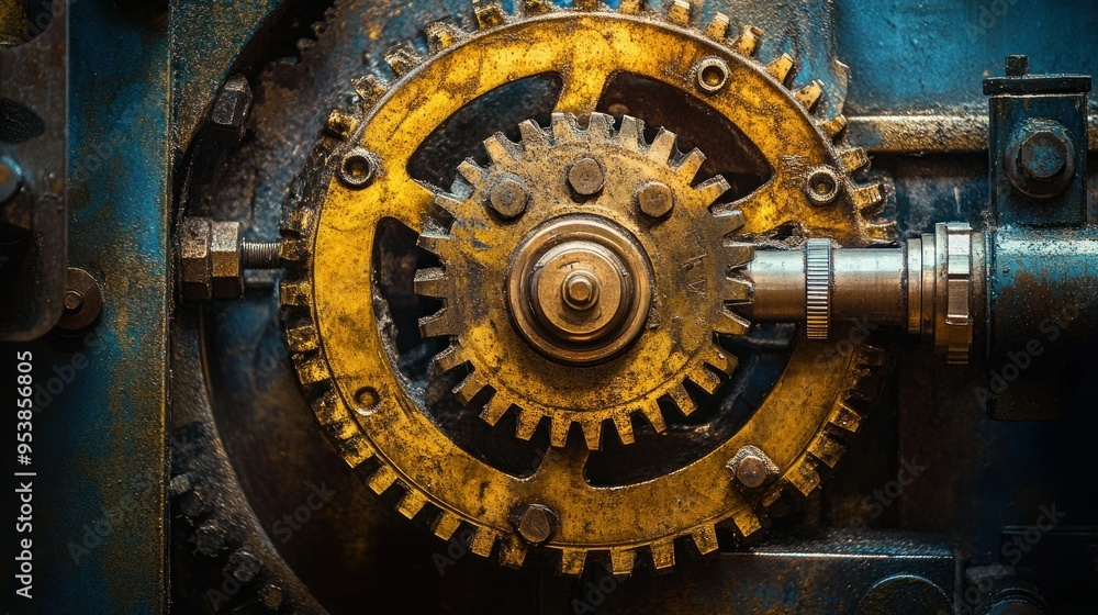 Poster close-up of a rusty gear system in a vintage machine
