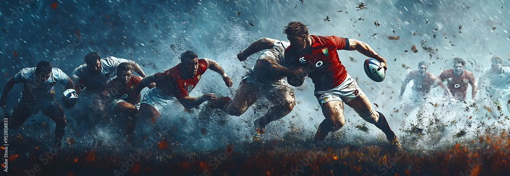 Poster rugby player in possession of the ball and attempting to advance. rugby players blocking to get the 