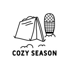 Winter Camping Logo design with tent . Christmas adventure badge in line silhouette style. Mountain hiking label. Stock monochrome insignia