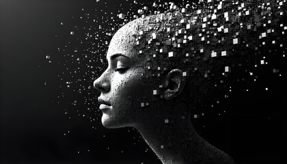 Fragmented Human Face Composed of Digital Cubes