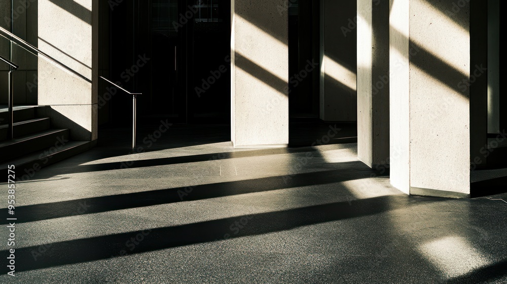 Poster sunbeams illuminating concrete floor and pillars in a modern building