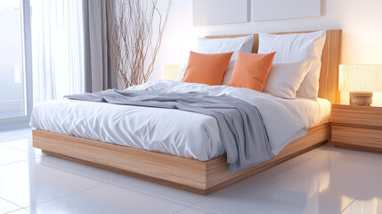 A minimalist bedroom featuring a wooden bed frame, crisp white bedding with orange accent pillows, and soft ambient lighting in a modern interior.
