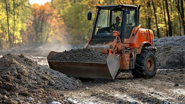 A skid steer loader is used in construction to remove gravel from an excavator bucket.