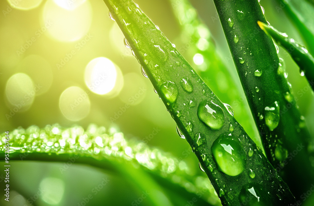 Wall mural close-up of the aloe vera leaves with water droplets on them