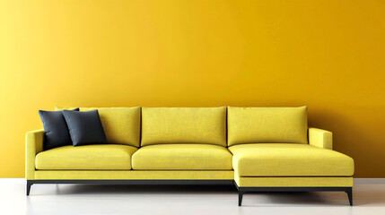 Fototapeta premium Bright yellow sectional sofa with chaise lounge and dark blue cushions against a bold yellow wall in a modern minimalist interior.