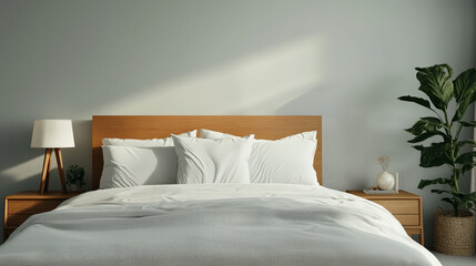Modern bedroom with a wooden headboard, bedside tables, potted plant, and soft white bedding, illuminated by natural sunlight.