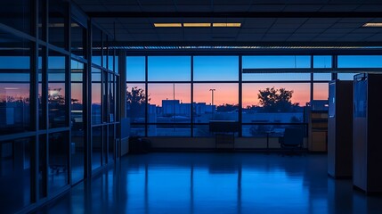 Fototapeta premium Empty Office with a View of Sunset Through Large Windows