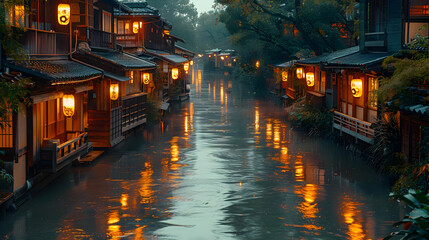 Water Reflections in a Canal at Night with Lanterns, a Realistic Image