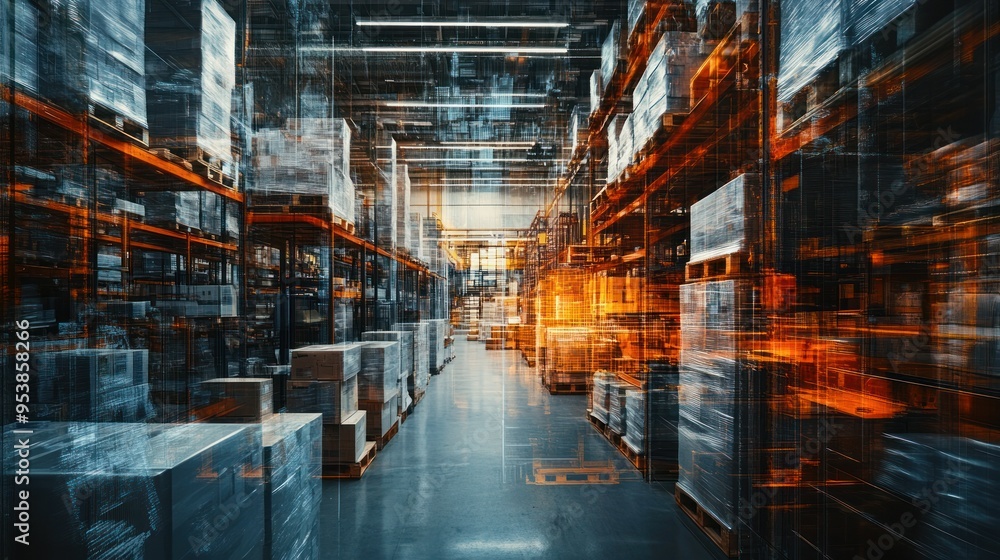 Poster Abstract View of a Warehouse with Pallets and Boxes