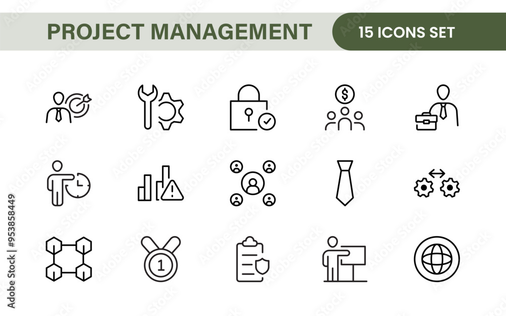 Poster project management web icons in line style. outline icon collection related to schedule, human resou