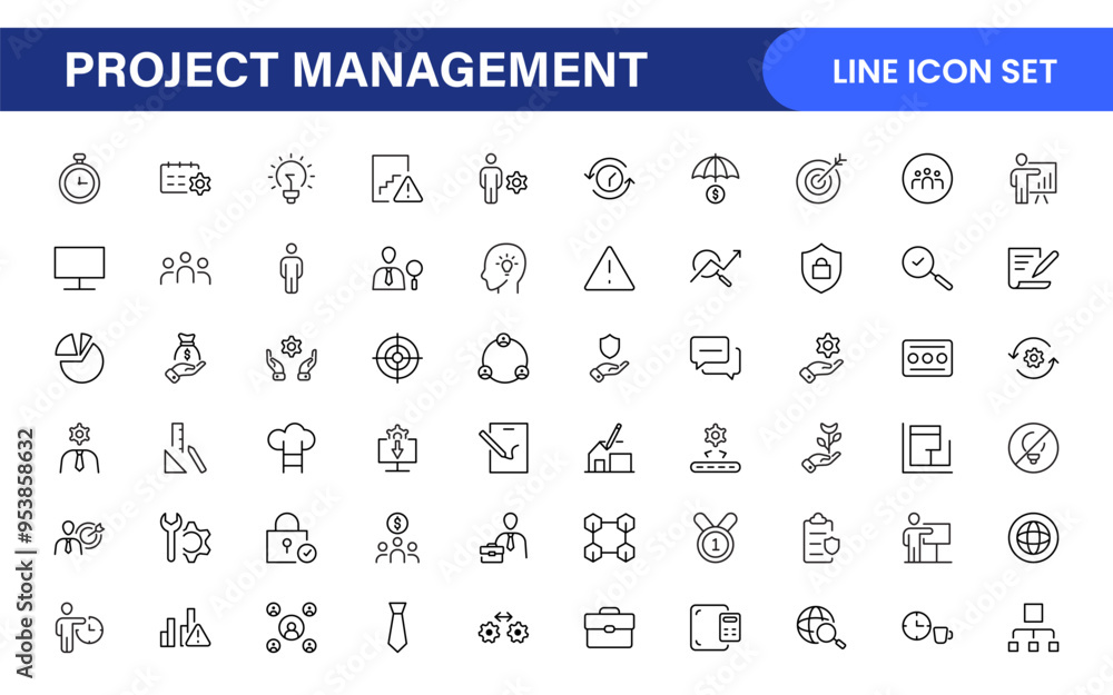 Poster project management web icons in line style. outline icon collection related to schedule, human resou