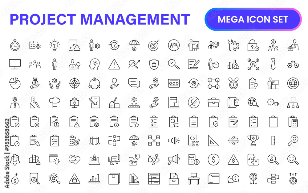 Poster project management web icons in line style. outline icon collection related to schedule, human resou