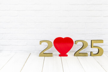 Love in 2025: Red Heart Symbol with Golden Numerals on White Background