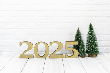 2025 Holiday Season: Golden Numerals with Festive Christmas Trees on White Background