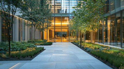 Modern Glass Building with Courtyard and Greenery
