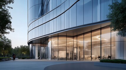 Modern Glass Office Building with Curved Facade and People Walking Outside