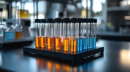 Test Tubes with Colored Liquids in Laboratory