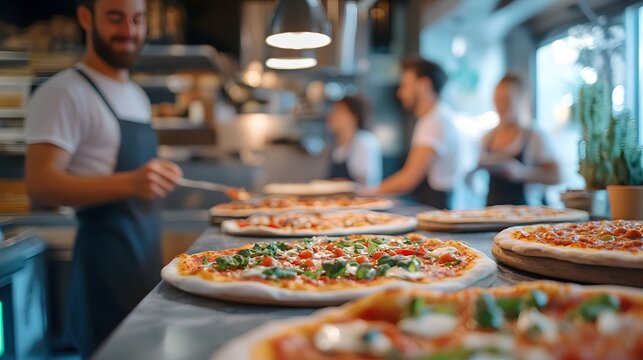 A playful pizzeria with customers selecting toppings for their pizzas