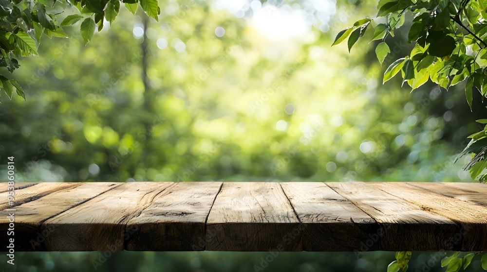 Aufkleber rustic wooden table with blurred greenery backdrop for product display