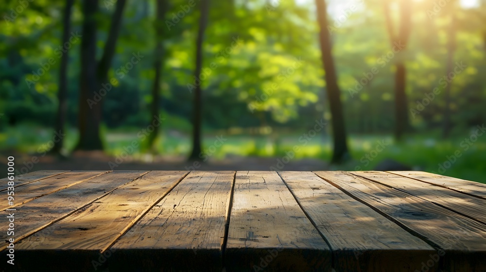 Poster Rustic Wood Table Top with Blurred Forest Backdrop for Product Display and Copy