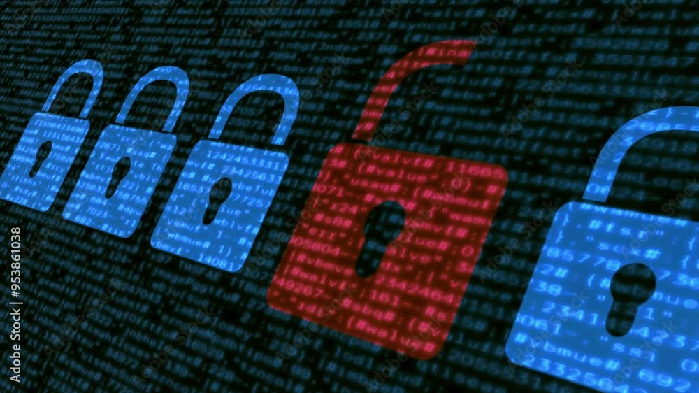 Poster security concept: lock on digital screen, internet security and data protection concept, blockchain 