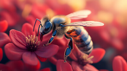 Bee on Red Flower Illustration