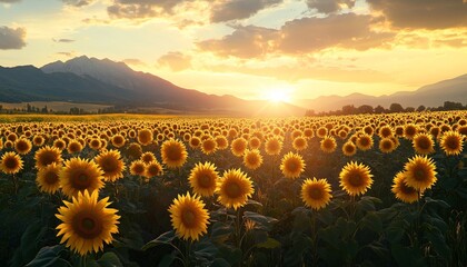 Fototapeta premium A Field of Sunflowers at Sunset with Golden Sky in Background