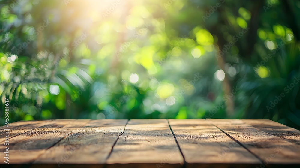 Poster serene blurred nature backdrop with empty wooden surface for product display