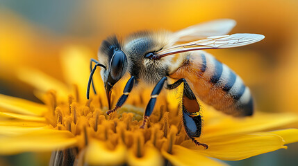 Close-up of a Bee on a Yellow Flower Macro Photography