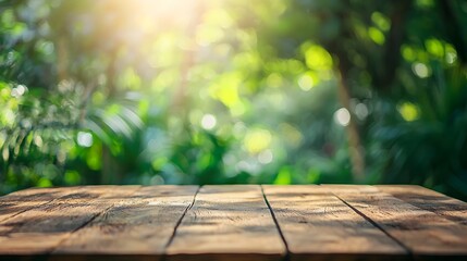 Serene Blurred Nature Backdrop with Empty Wooden Surface for Product Display
