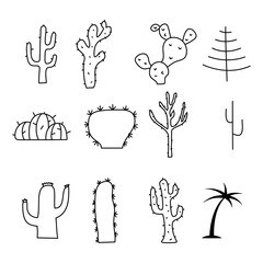 Simple and minimalist tree and cactuses icons collection. Line art silhouette trees. Stock symbols set