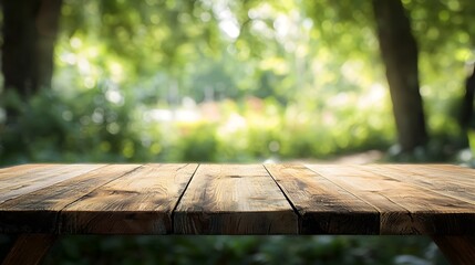 Fototapeta premium Smooth Wooden Table with Soft Blurred Garden Background for Product Showcase