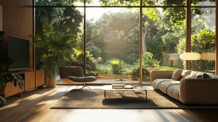 Modern living room with large windows overlooking a lush green garden