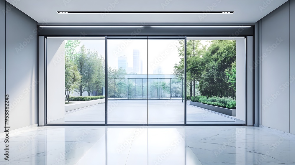 Poster automatic sliding door with motion sensor detection at entrance for smart business facility