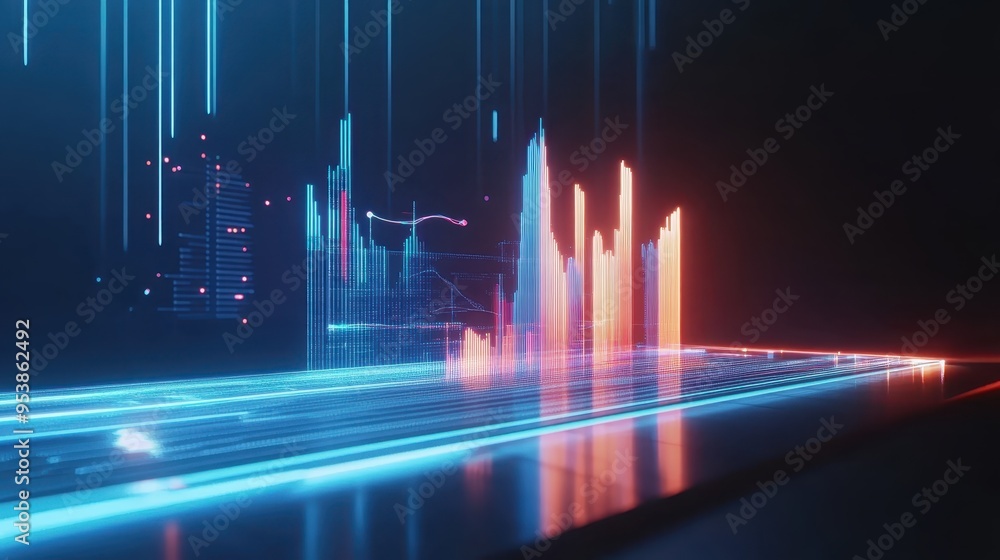 Poster abstract digital data lines and a graph in blue and red light, illustrating technology, analytics, a