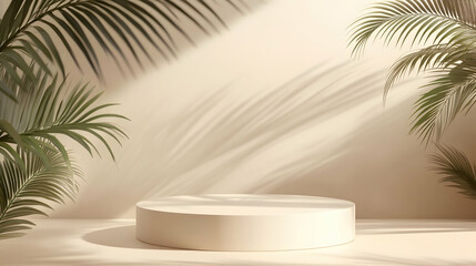 Obraz premium Summer podium display product beige background 3d stage with abstract light shadow minimal wall show modern empty pedestal cosmetic backdrop studio stand beauty natural presentation tropical concept.