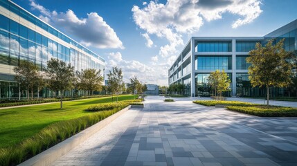 Obraz premium Modern Office Buildings with Landscaped Courtyard