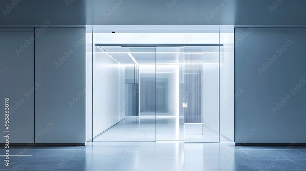 Poster minimalist glass entrance door with overhead motion sensor for automated access control