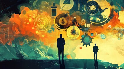 Obraz premium Two Silhouettes Contemplating an Abstract Technological Landscape