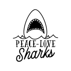 illustration of shark with opened mouth swimming in wavy sea and text against white background