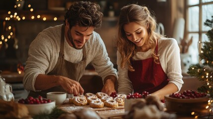 A cozy kitchen filled with the aroma of freshly baked cinnamon rolls as a couple enjoys preparing Christmas breakfast together