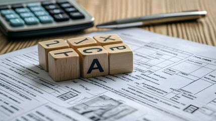 Tax season with wooden alphabet blocks, calculator, pen on 1040 tax form backgrounda