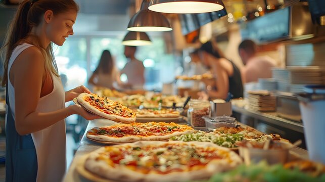 A lively pizzeria scene with customers adding their favorite toppings to pizzas