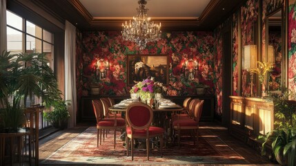 Elegant Dining Room with Floral Wallpaper and Crystal Chandelier
