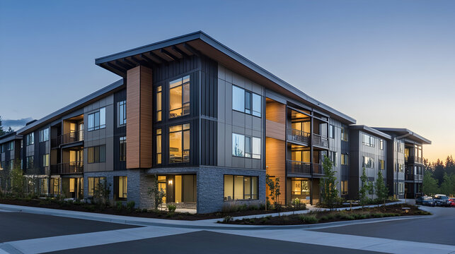 The fa&ccedil;ade of a modern multifamily building, finished with Hardie plank siding on the exterior.