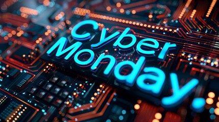 Close up of "Cyber ​​Monday" text on microchip with network connection lines background