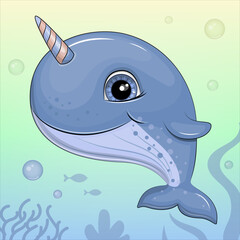 Cute cartoon narwhal with a horn. Underwater sea animal vector illustration with bubbles and seaweeds. © Olena